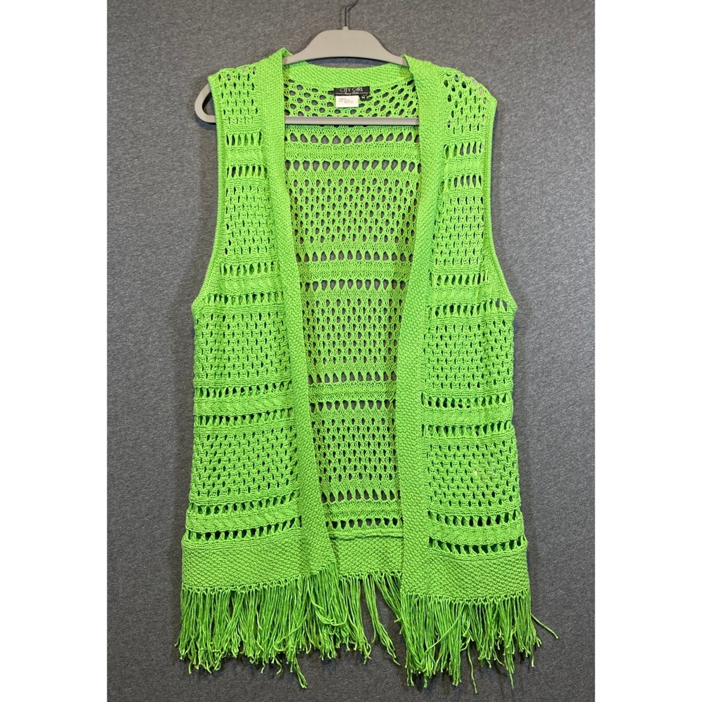 City Girl Nancy Bolen Lime Green Crochet Knit Fringe Vest 9570K-E5 Womens Medium